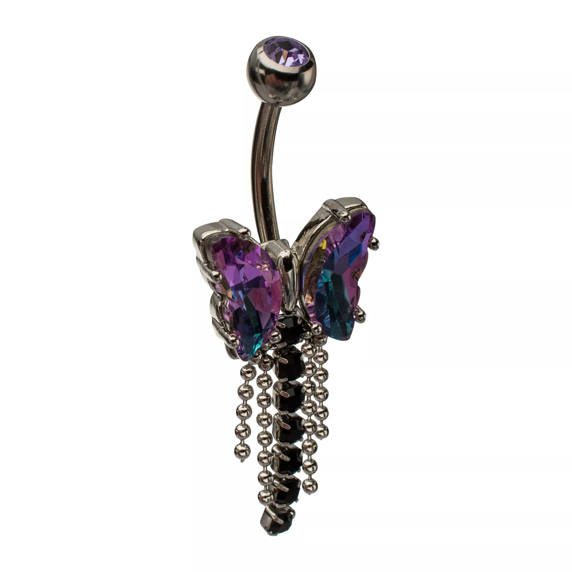 Iridescent Purple and Black CZ Butterfly Silver-Tone Titanium Dangle Belly Ring - 14 Gauge at Spencer's