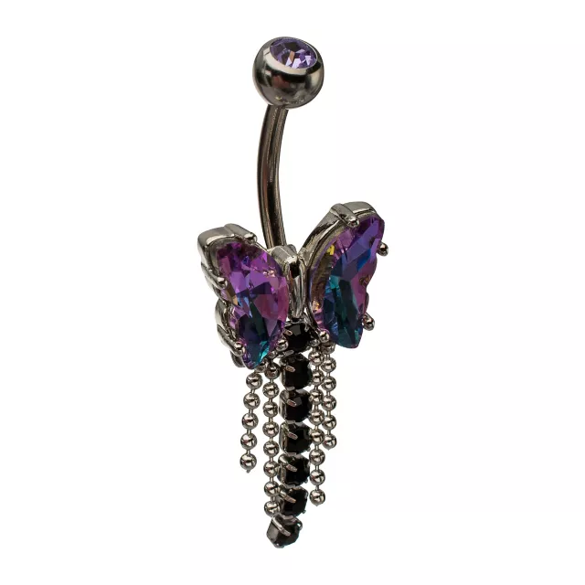 Iridescent Purple and Black CZ Butterfly Silver-Tone Titanium Dangle Belly Ring - 14 Gauge at Spencer's
