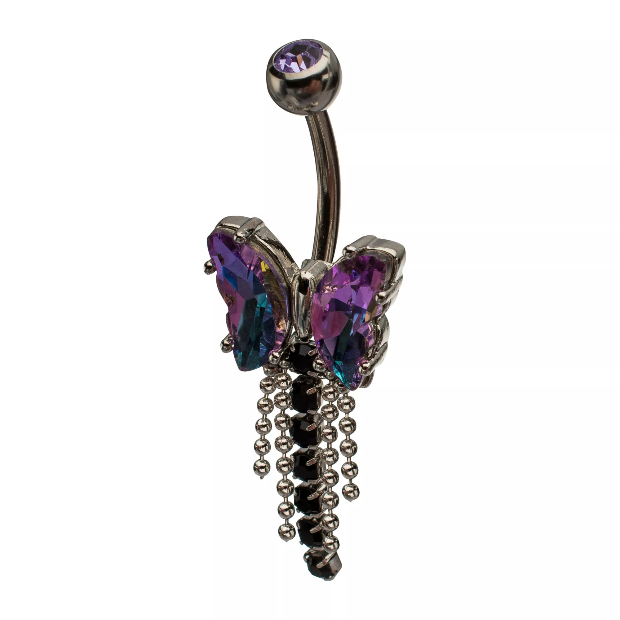 Iridescent Purple and Black CZ Butterfly Silver-Tone Titanium Dangle Belly Ring - 14 Gauge at Spencer's