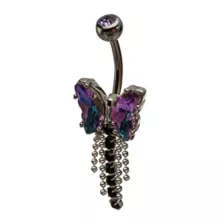 Iridescent Purple and Black CZ Butterfly Silver-Tone Titanium Dangle Belly Ring - 14 Gauge at Spencer's