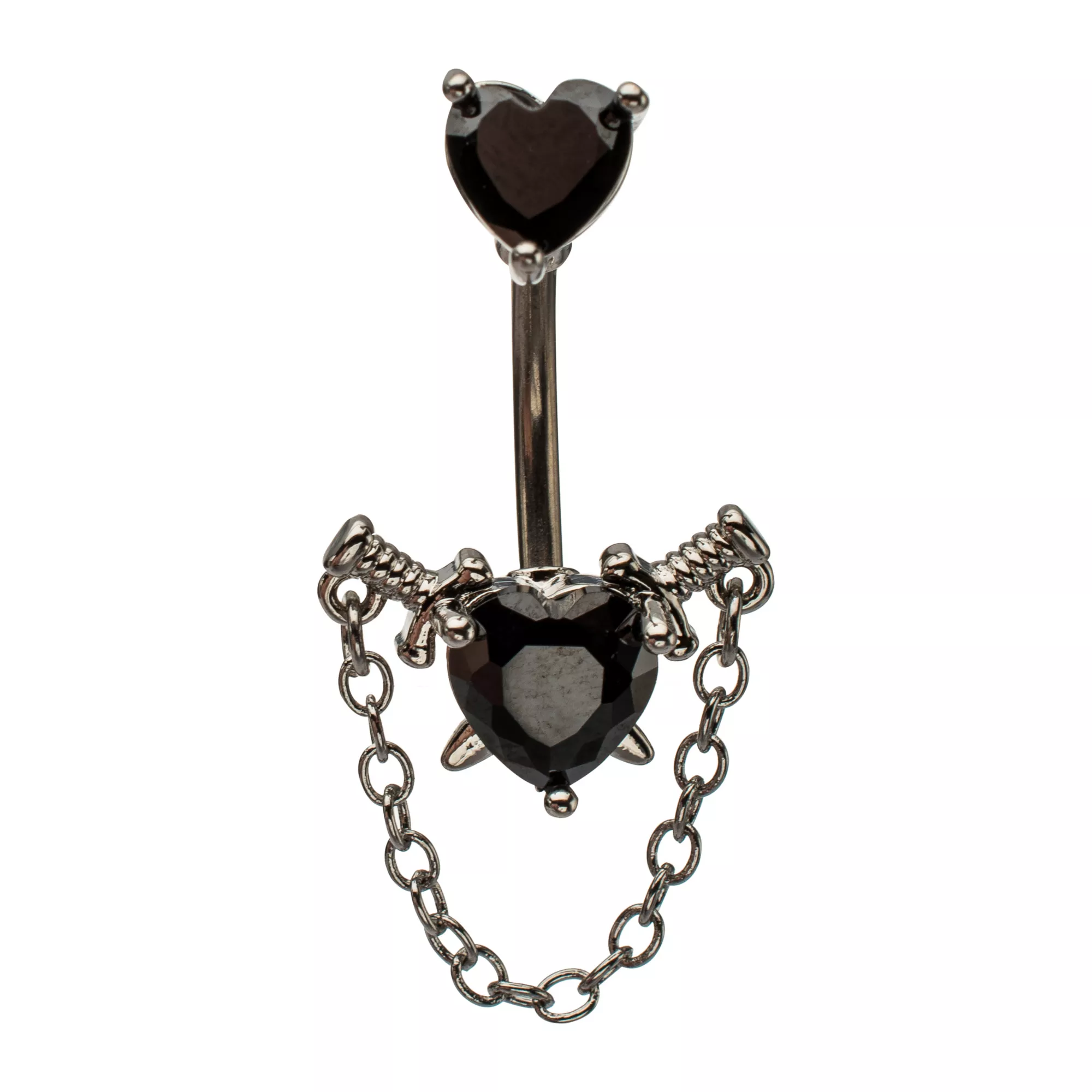 Silver-Tone CZ Black Heart Chain Dangle Belly Ring - 14 Gauge