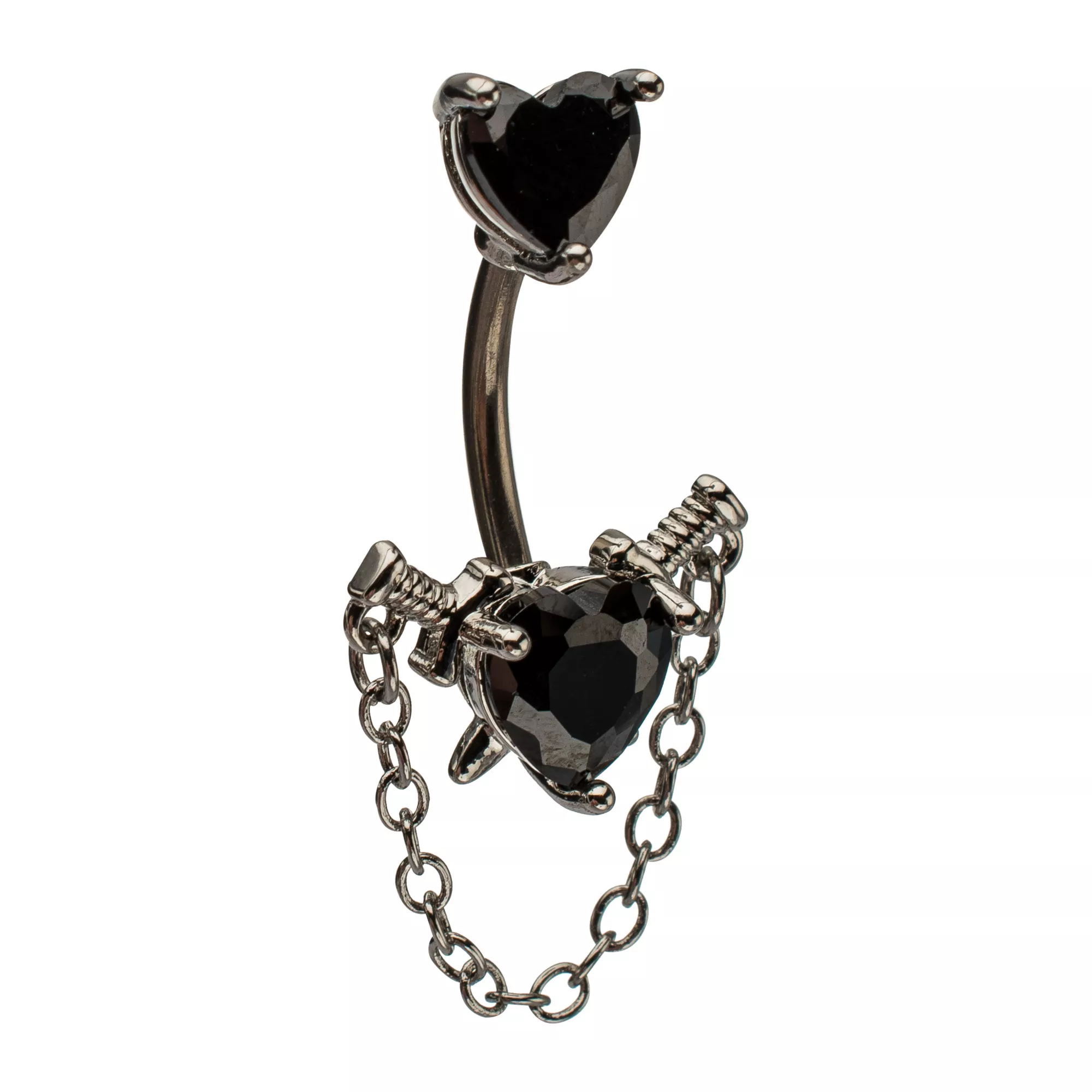 Silver-Tone CZ Black Heart Chain Dangle Belly Ring - 14 Gauge