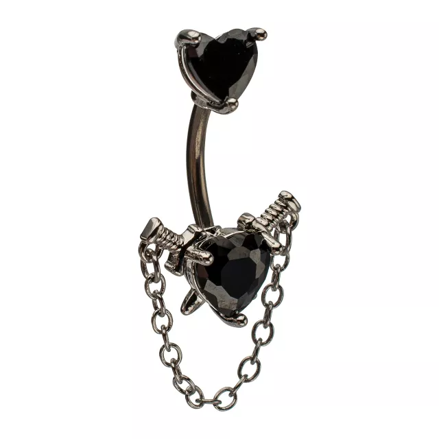 Silver-Tone CZ Black Heart Chain Dangle Belly Ring - 14 Gauge at Spencer's