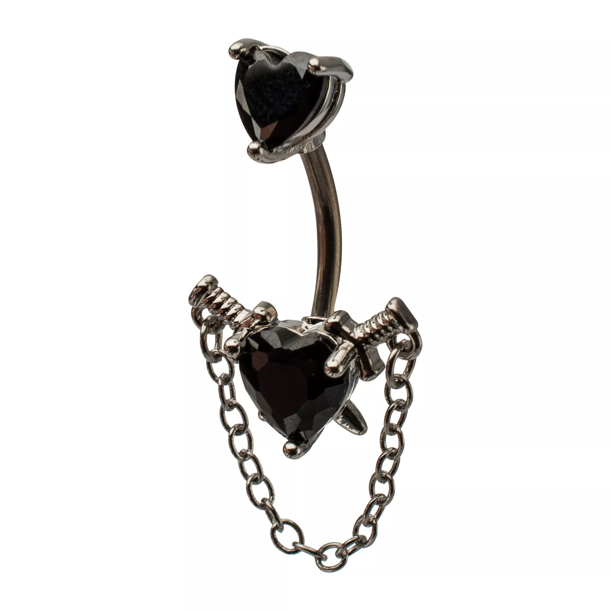 Silver-Tone CZ Black Heart Chain Dangle Belly Ring - 14 Gauge