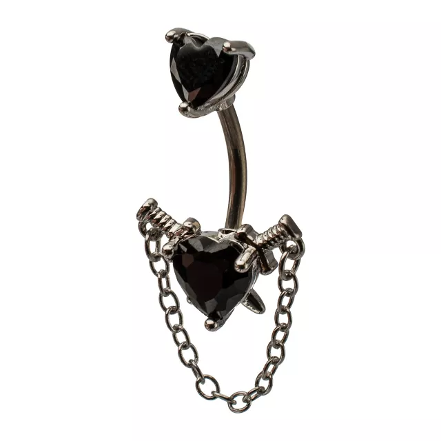 Silver-Tone CZ Black Heart Chain Dangle Belly Ring - 14 Gauge at Spencer's