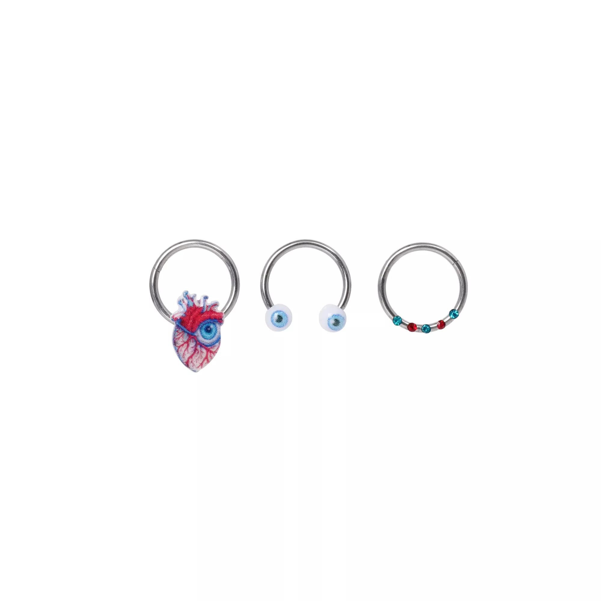 Multi-Pack Heart Eyes Silver-Tone Hoop and Horseshoe Nose Rings 3 Pack - 16 Gauge