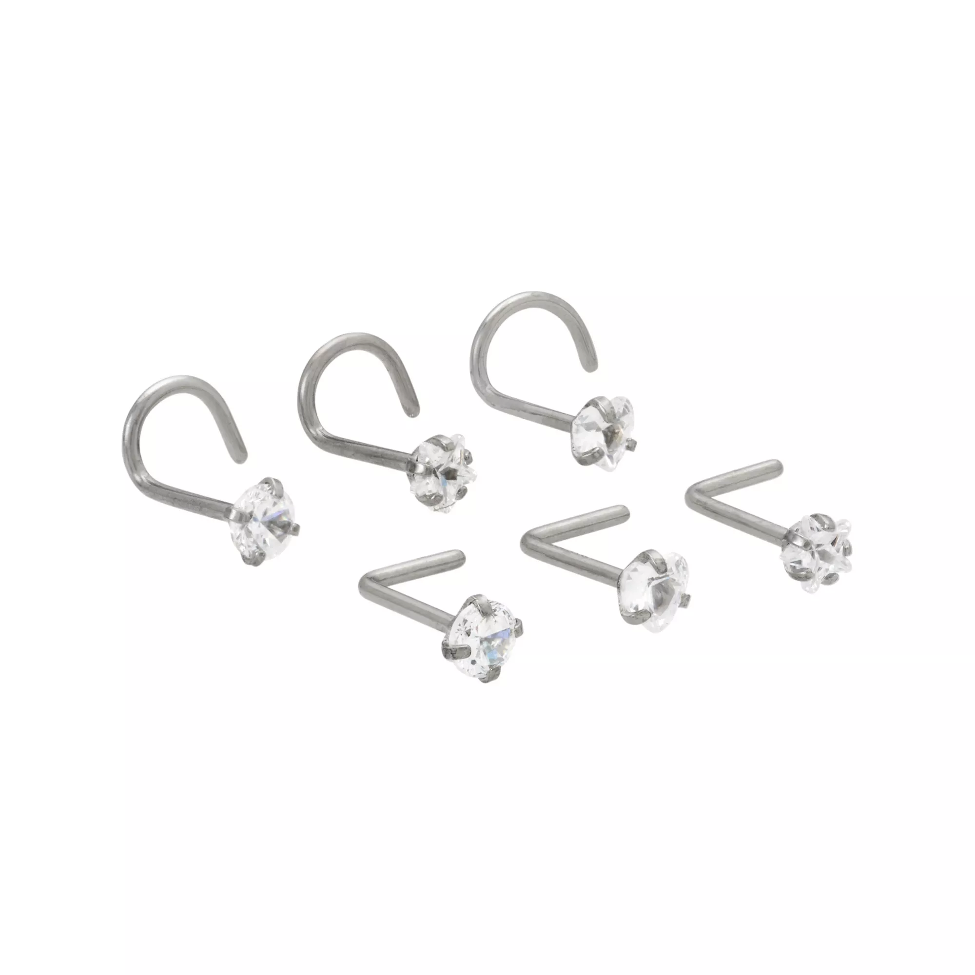 Multi-Pack CZ Titanium Nose Screw and L Bend Nose Studs 6 Pack - 20 Gauge at Spencer's