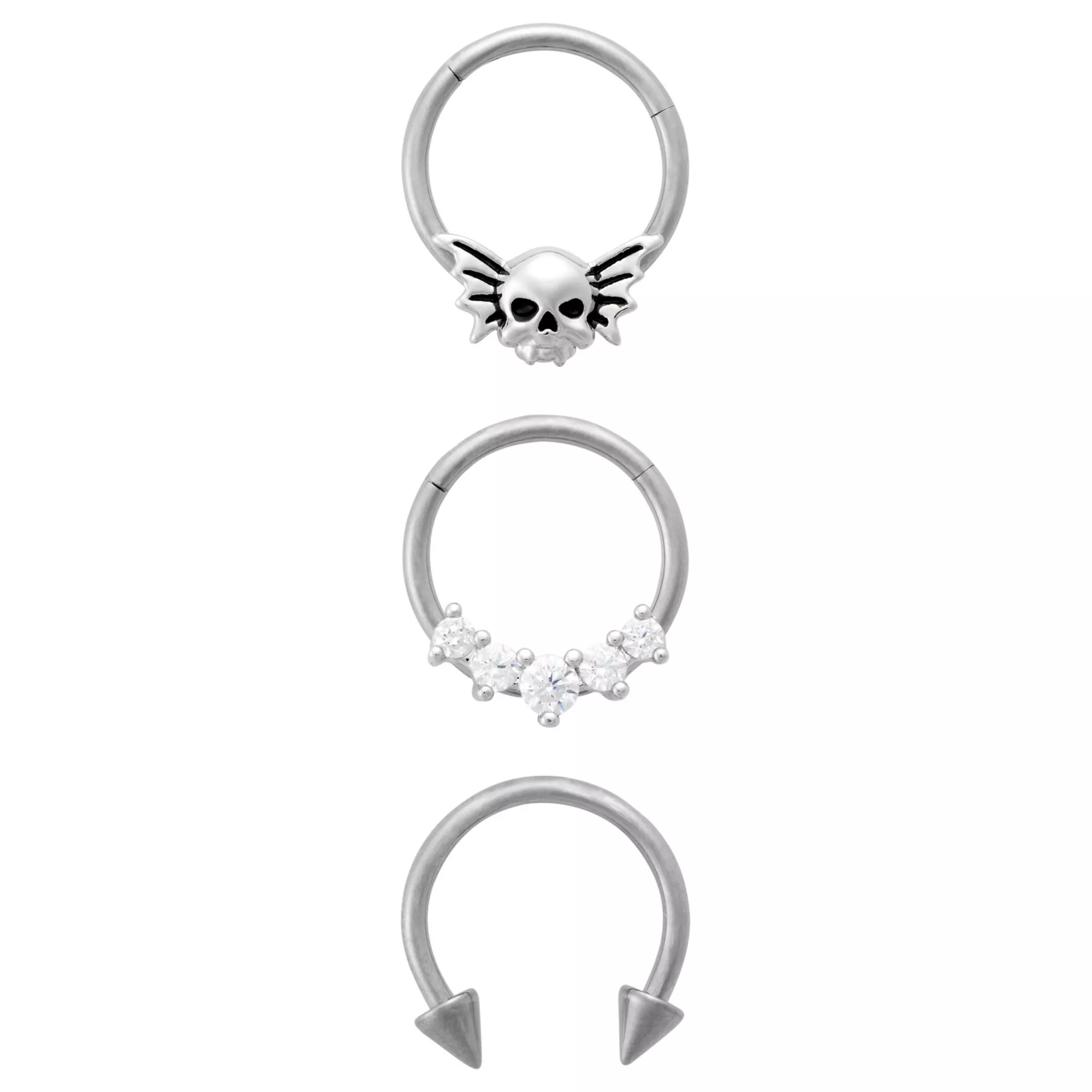 Multi-Pack CZ Titanium Skull Horseshoe and Hinged Hoop Septum Rings 3 Pack - 16 Gauge at Spencer's
