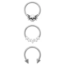 Multi-Pack CZ Titanium Skull Horseshoe and Hinged Hoop Septum Rings 3 Pack - 16 Gauge at Spencer's