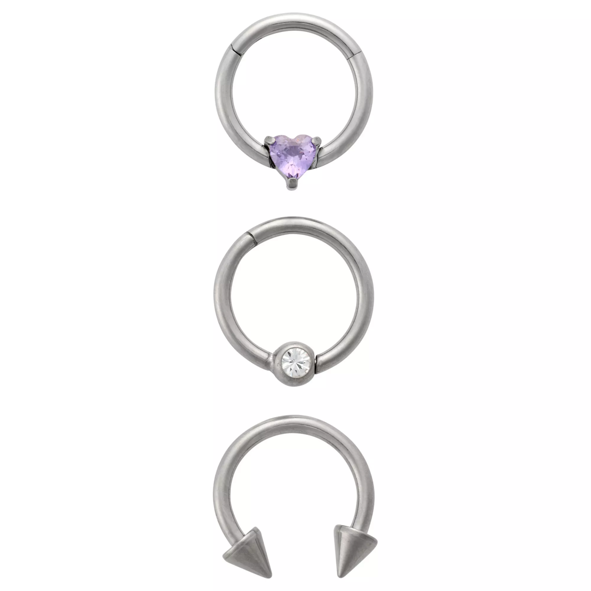 Multi-Pack Heart CZ Titanium Horseshoe and Hinged Septum Rings 3 Pack - 16 Gauge at Spencer's