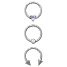 Multi-Pack Heart CZ Titanium Horseshoe and Hinged Septum Rings 3 Pack - 16 Gauge at Spencer's