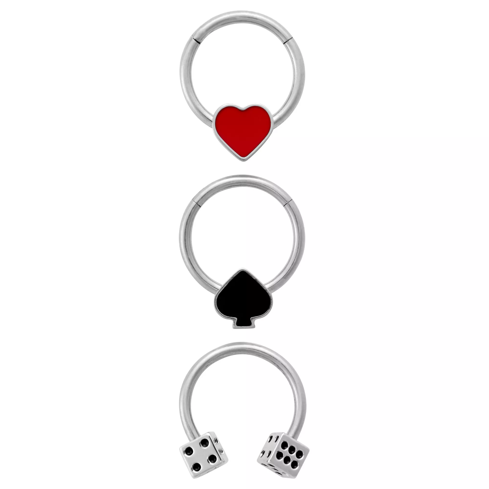Multi-Pack Silver-Plated Titanium Lucky Card Suits Horseshoe and Hinged Hoop Septum Rings 3 Pack - 16 Gauge at Spencer's