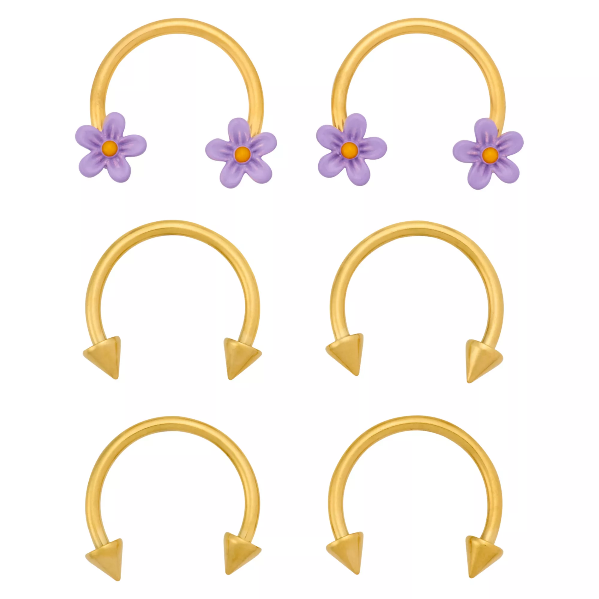 Multi-Pack Gold-Plated Flower Charm Horseshoe Rings 6 Pack - 16 Gauge