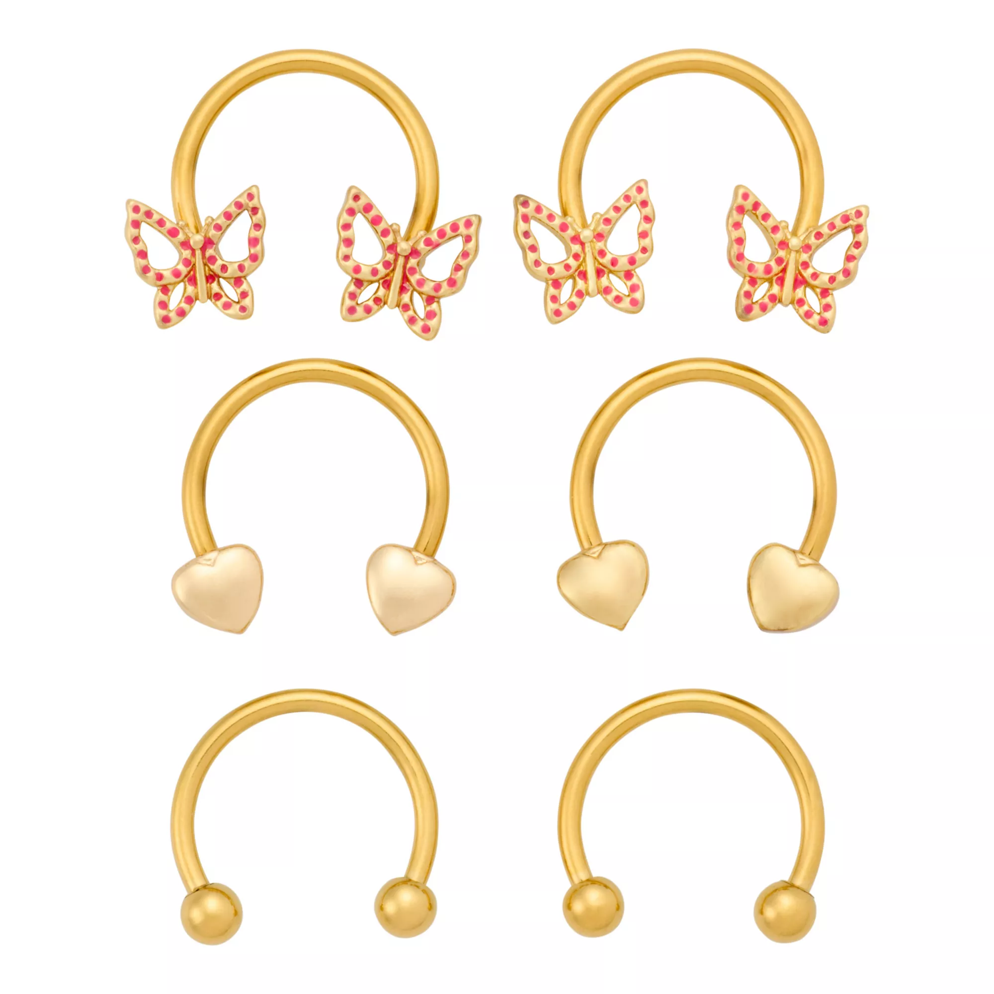 Multi-Pack Gold-Plated Titanium Butterfly Heart Horseshoe Rings 3 Pair - 16 Gauge at Spencer's