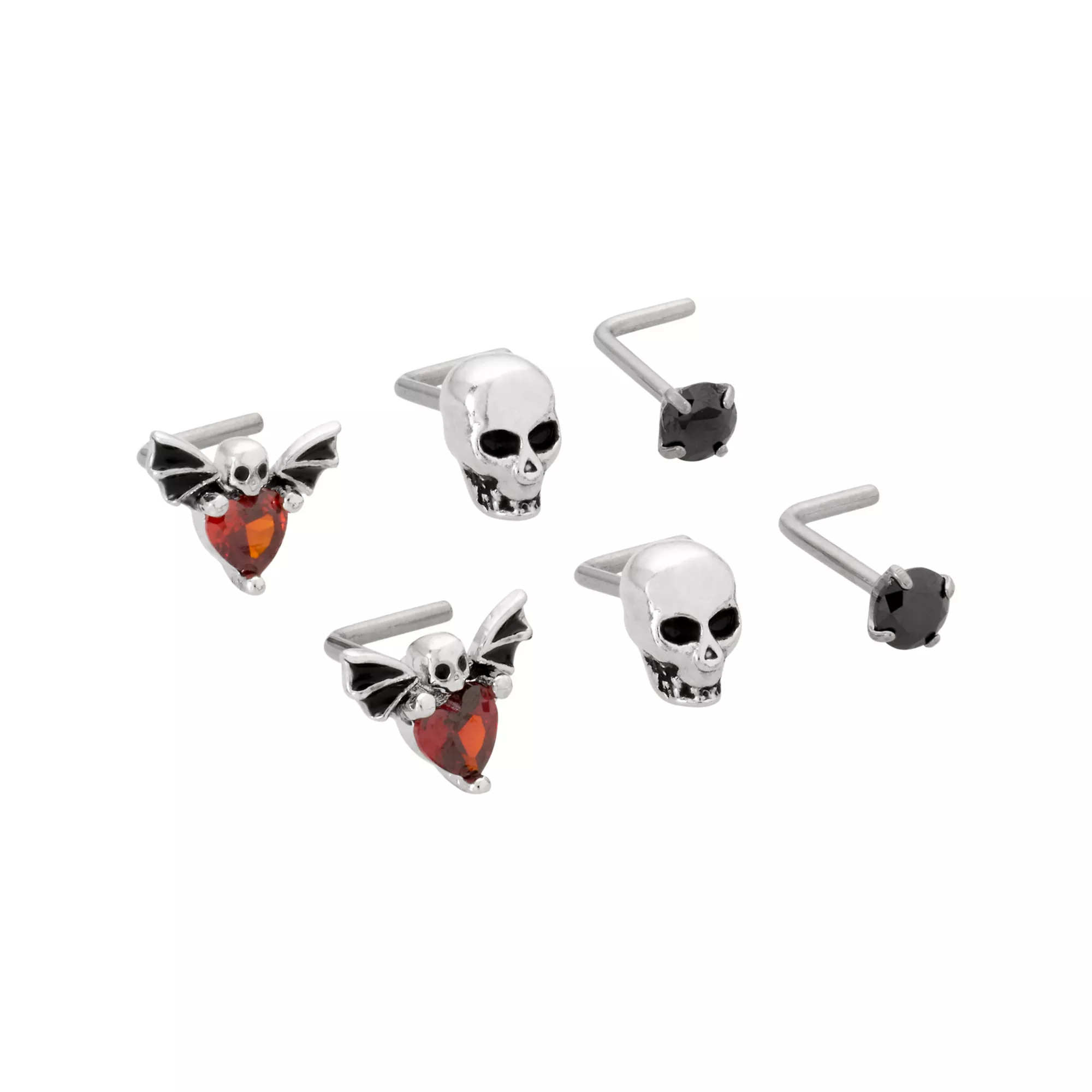 Multi-Pack CZ Titanium Skull Hearts L-Bend Nose Rings 6 Pack - 20 Gauge at Spencer's