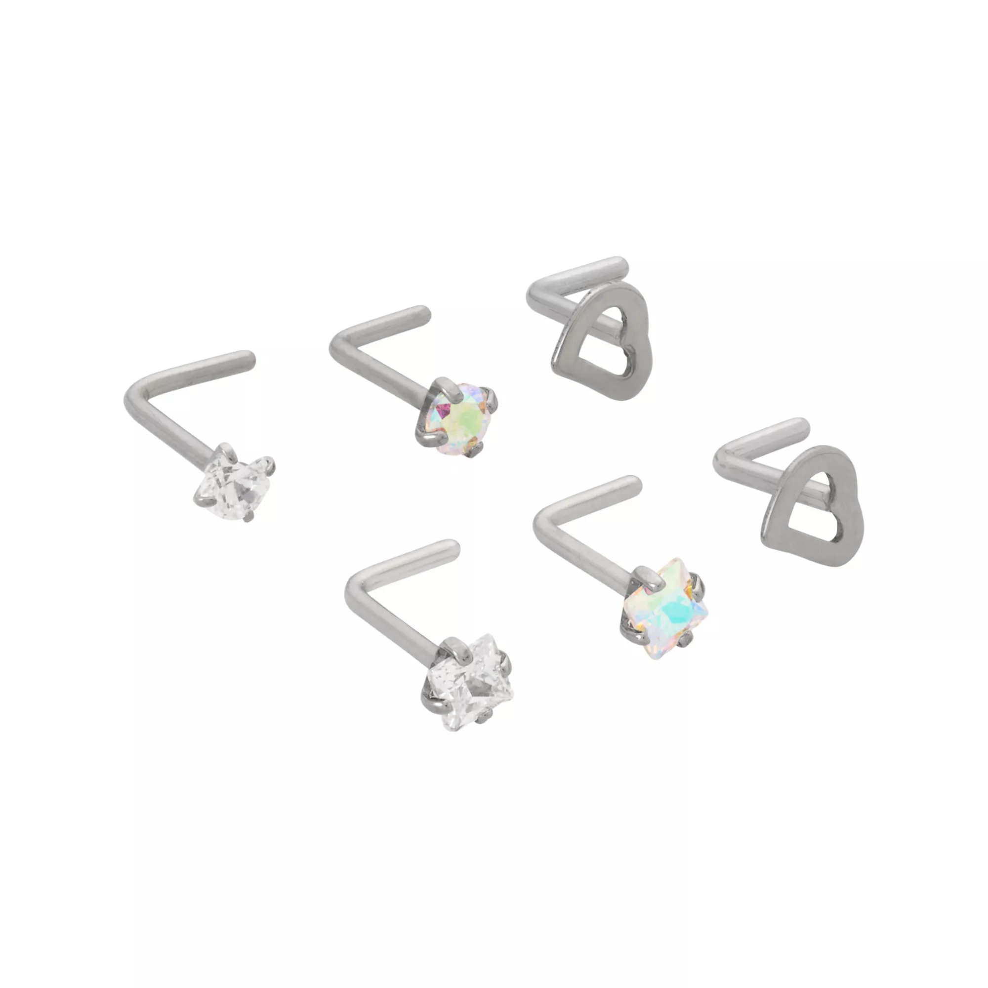 Multi-Pack CZ Titanium Heart L-Bend Nose Rings 6 Pack - 20 Gauge at Spencer's