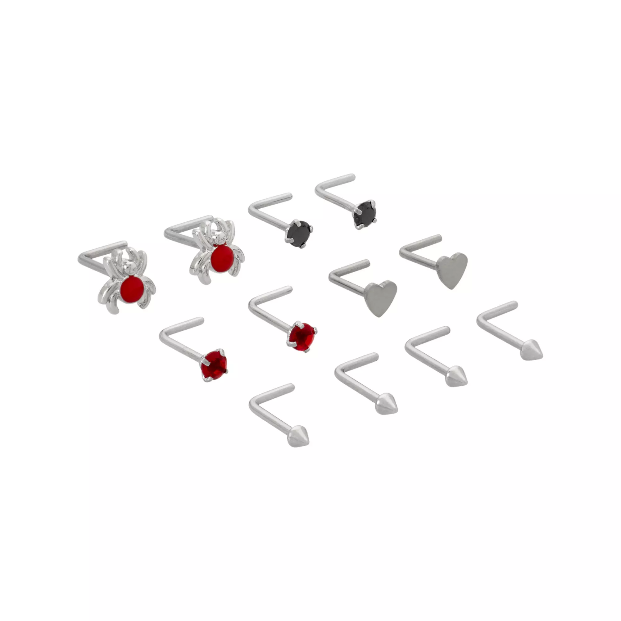 Multi-Pack Spider Spike Hearts L-Bend Nose Rings 6 Pair - 20 Gauge at Spencer's