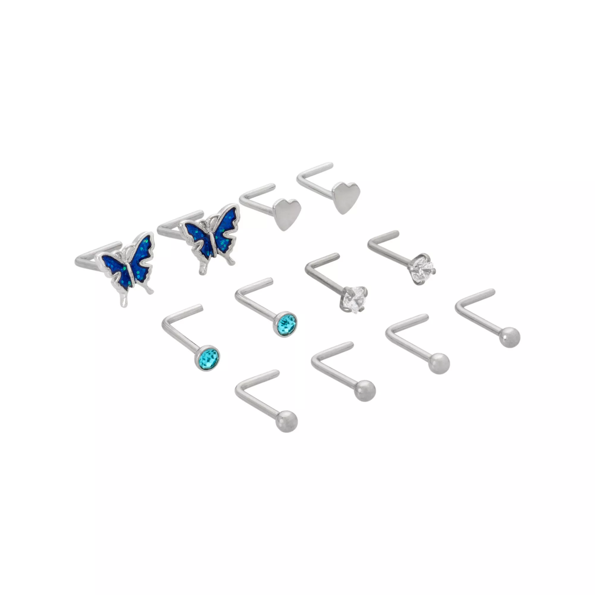 Multi-Pack Blue CZ Butterfly Heart L-Bend Nose Rings 12 Pack - 20 Gauge at Spencer's