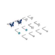 Multi-Pack Blue CZ Butterfly Heart L-Bend Nose Rings 12 Pack - 20 Gauge at Spencer's