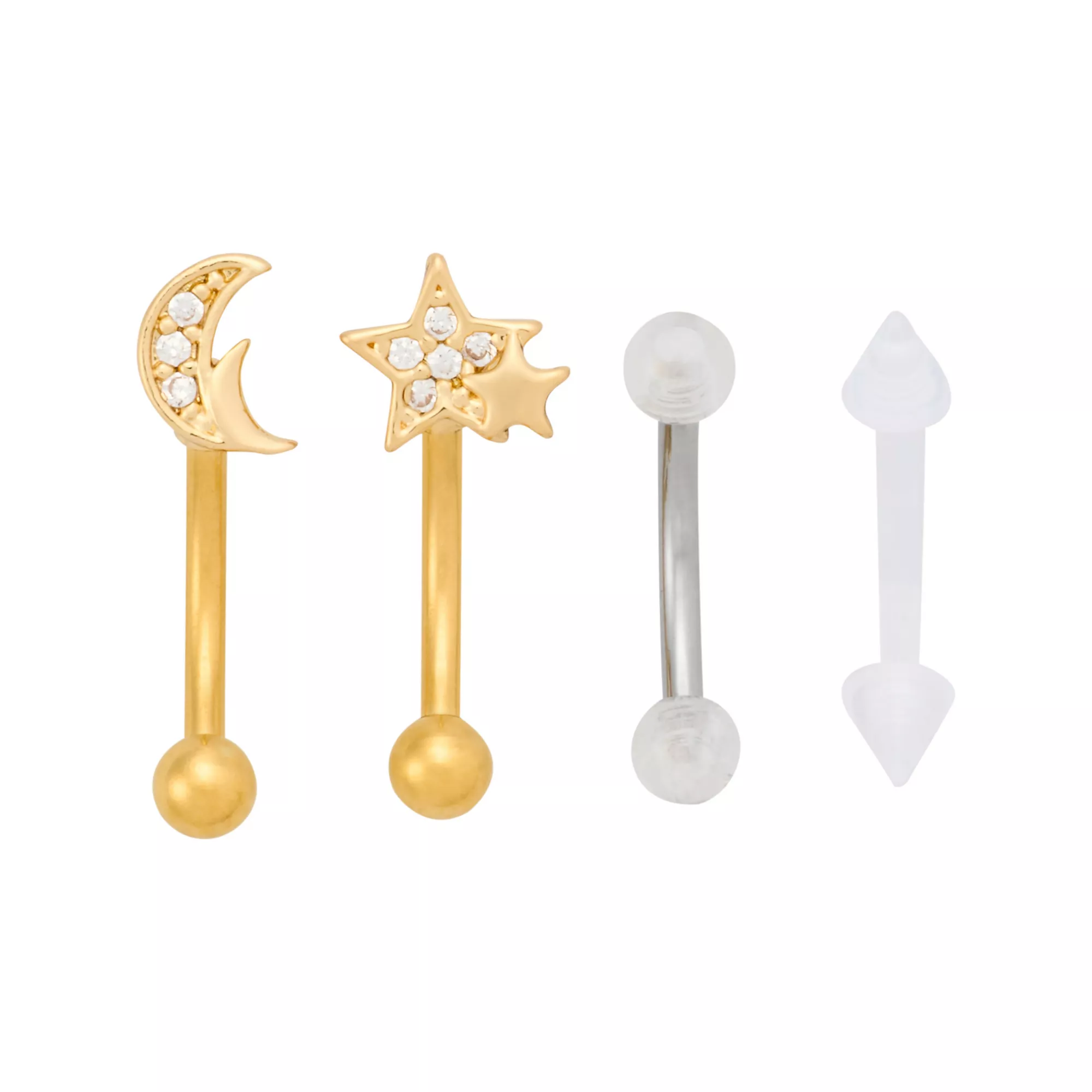 Multi-Pack CZ Gold-Tone Sun and Moon Curved Barbells 4 Pack - 16 Gauge