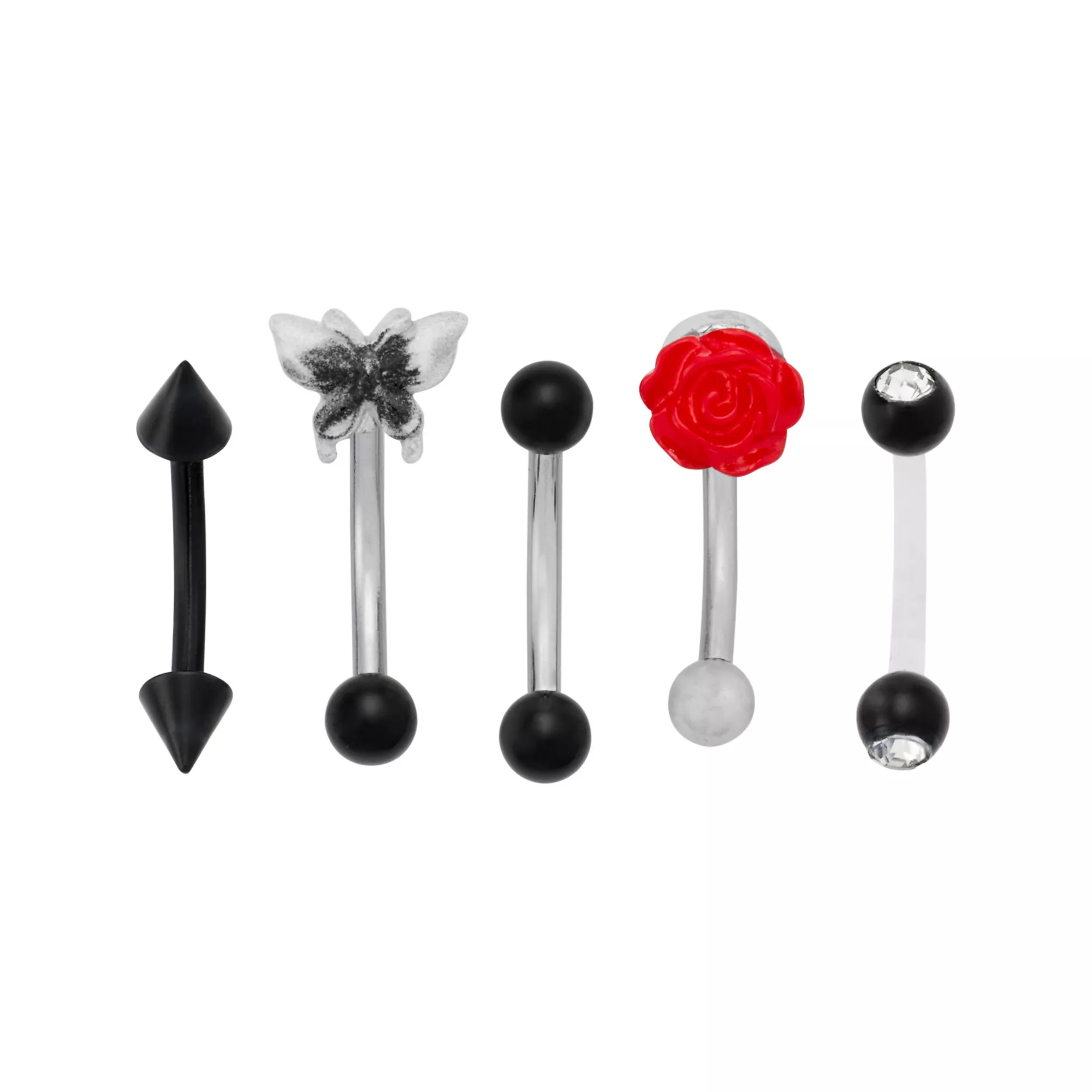 Multi-Pack CZ Titanium Butterfly Rose Curved Barbells 5 Pack - 16 Gauge at Spencer's