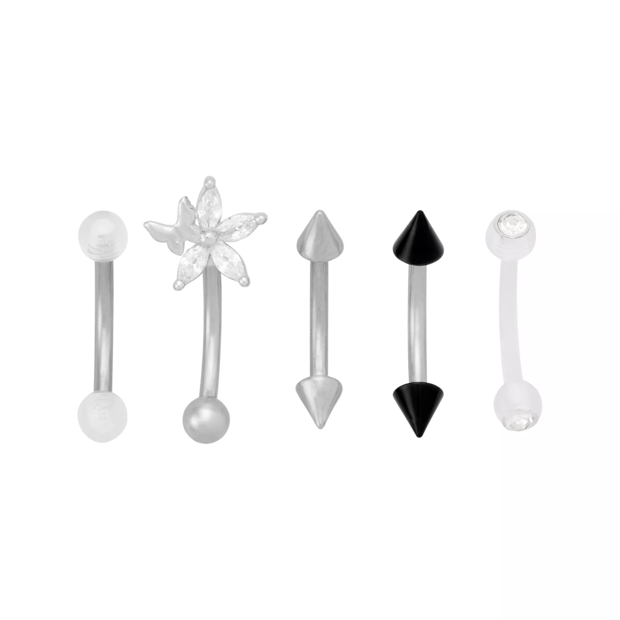 Multi-Pack CZ Butterfly Flower and Spiked End Titanium Curved Barbells 5 Pack - 16 Gauge at Spencer's
