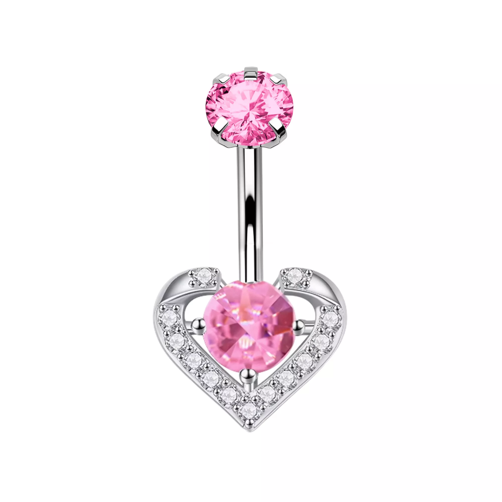 Pink and Clear CZ Heart Silver-Plated Belly Ring - 14 Gauge