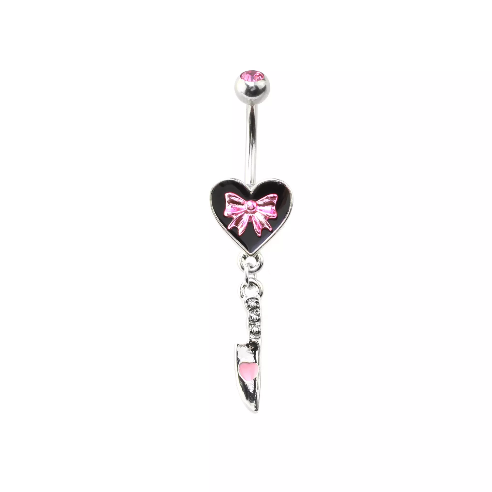 Pink CZ Black Heart and Bow Dangle Belly Ring - 14 Gauge