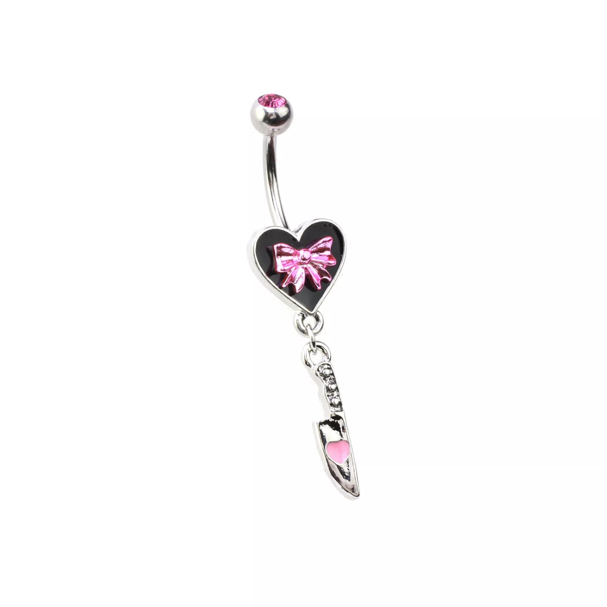 Pink CZ Black Heart and Bow Dangle Belly Ring - 14 Gauge