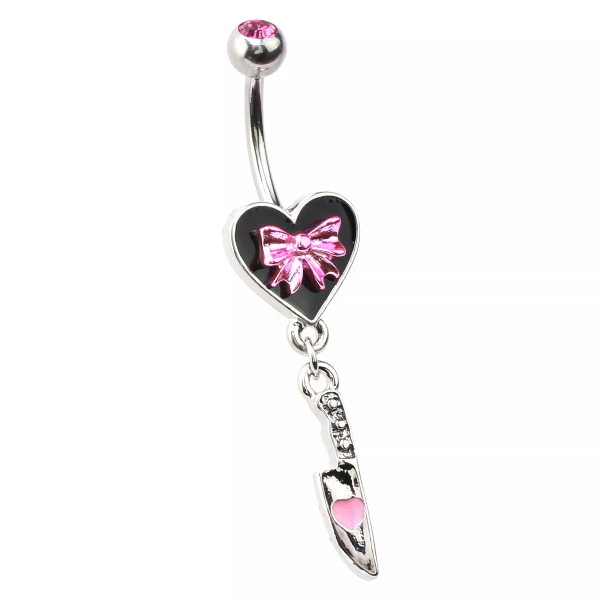 Pink CZ Black Heart and Bow Dangle Belly Ring - 14 Gauge