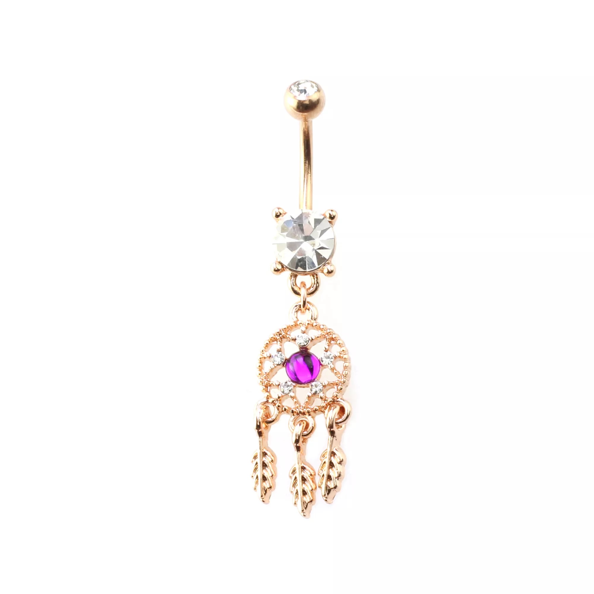 Purple CZ Dreamcatcher Rose Gold-Tone Dangle Belly Ring - 14 Gauge at Spencer's