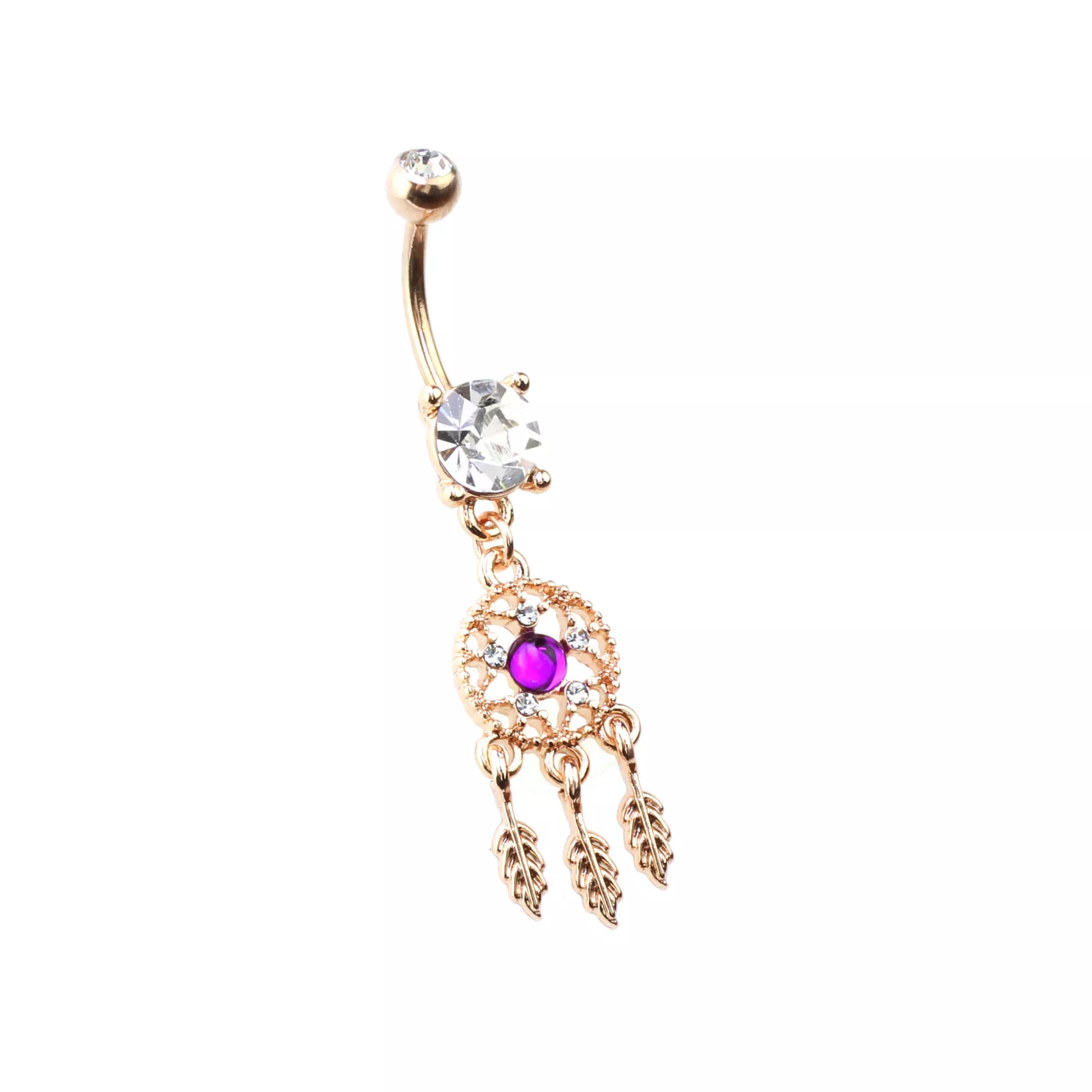 Purple CZ Dreamcatcher Rose Gold-Tone Dangle Belly Ring - 14 Gauge at Spencer's