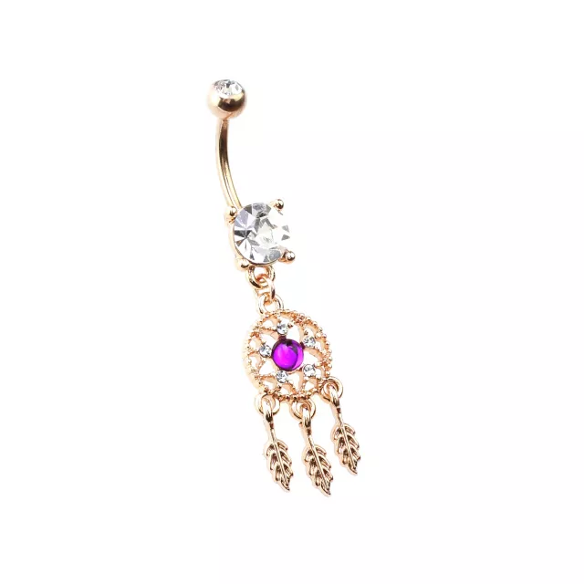 Purple CZ Dreamcatcher Rose Gold-Tone Dangle Belly Ring - 14 Gauge at Spencer's