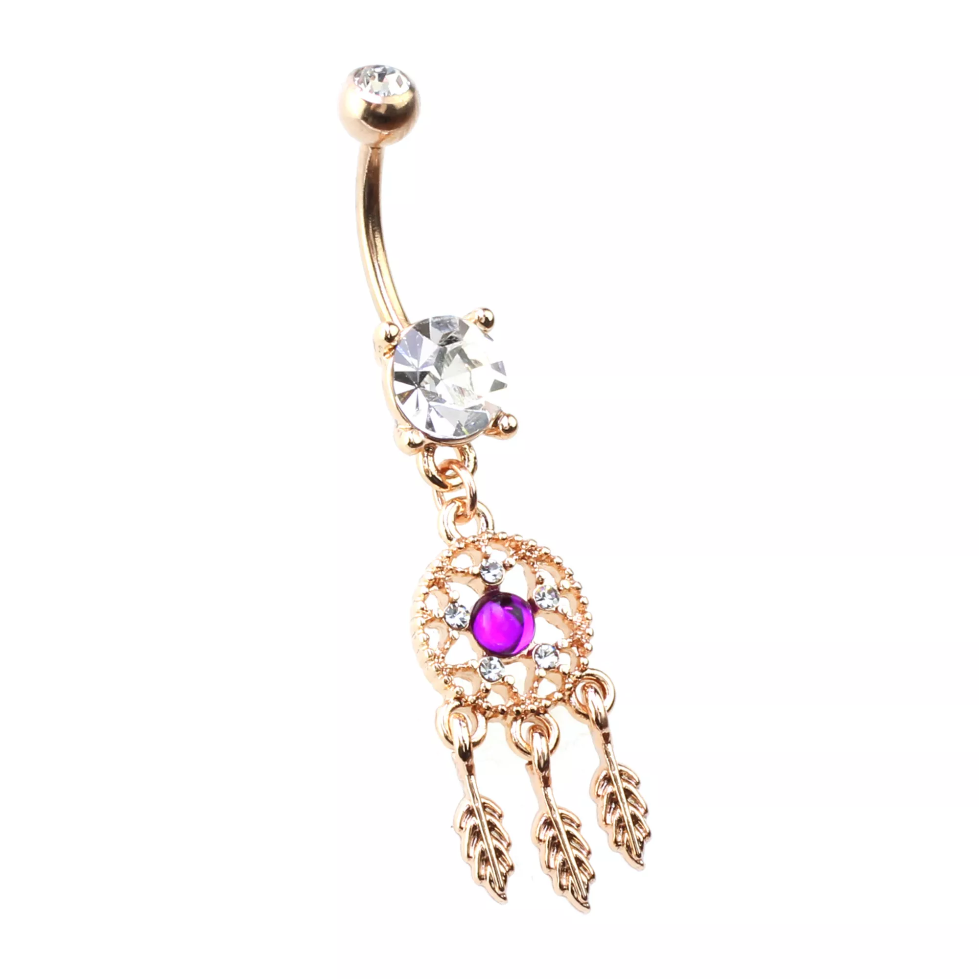 Purple CZ Dreamcatcher Rose Gold-Tone Dangle Belly Ring - 14 Gauge at Spencer's