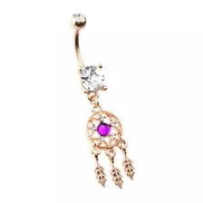 Purple CZ Dreamcatcher Rose Gold-Tone Dangle Belly Ring - 14 Gauge at Spencer's