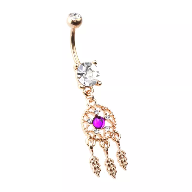 Purple CZ Dreamcatcher Rose Gold-Tone Dangle Belly Ring - 14 Gauge at Spencer's