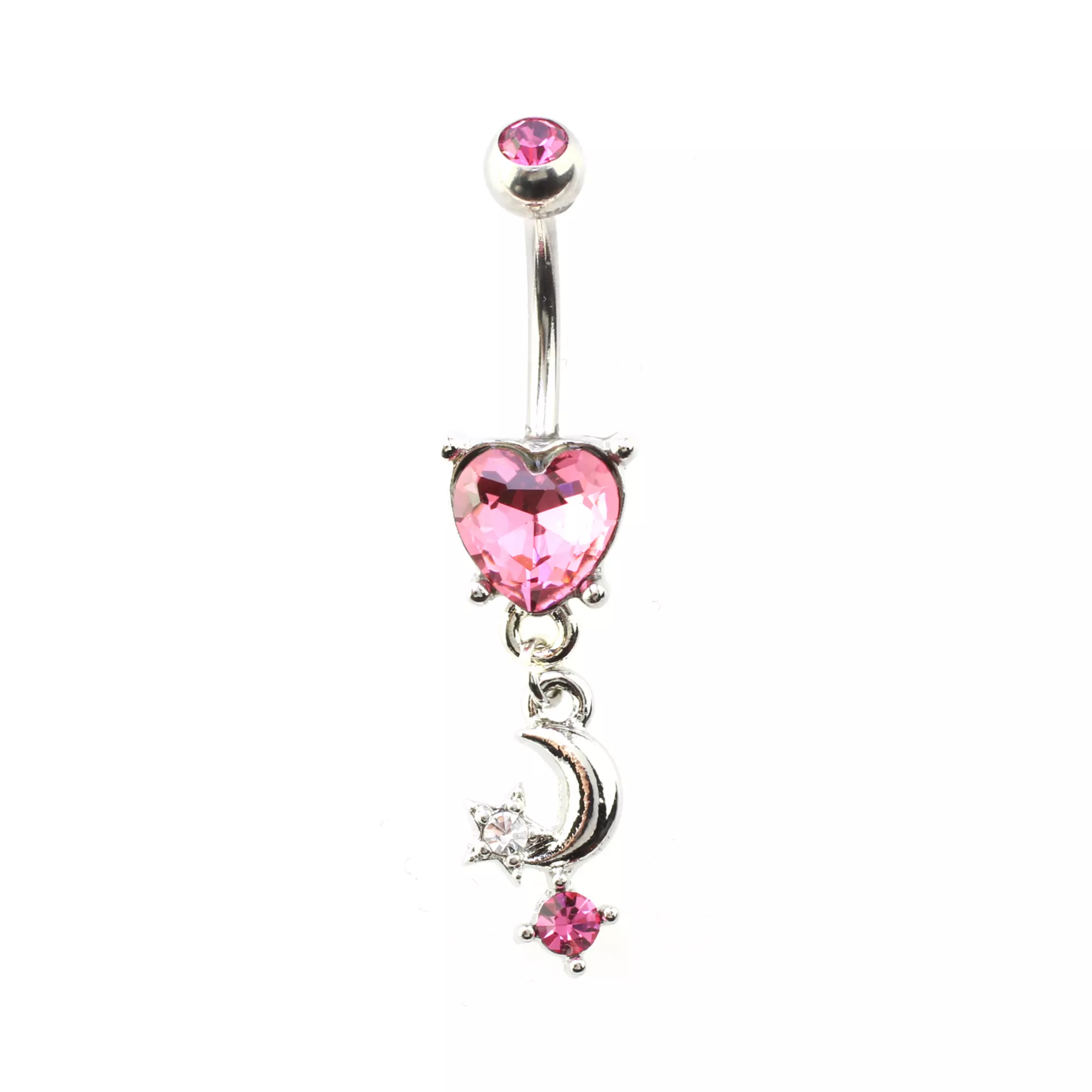 Pink CZ Heart Moon Dangle Belly Ring - 14 Gauge