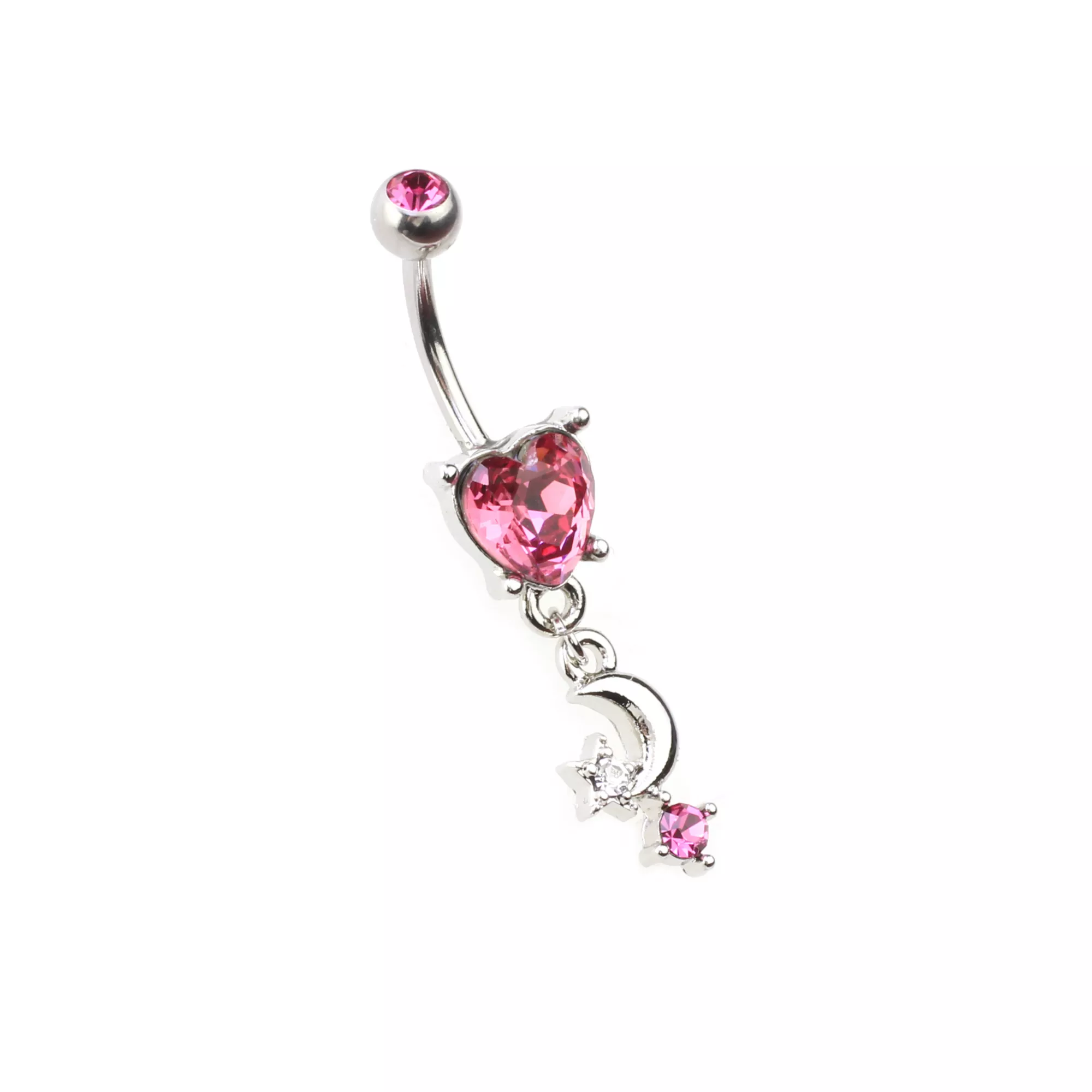 Pink CZ Heart Moon Dangle Belly Ring - 14 Gauge