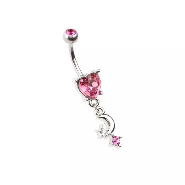 Pink CZ Heart Moon Dangle Belly Ring - 14 Gauge at Spencer's