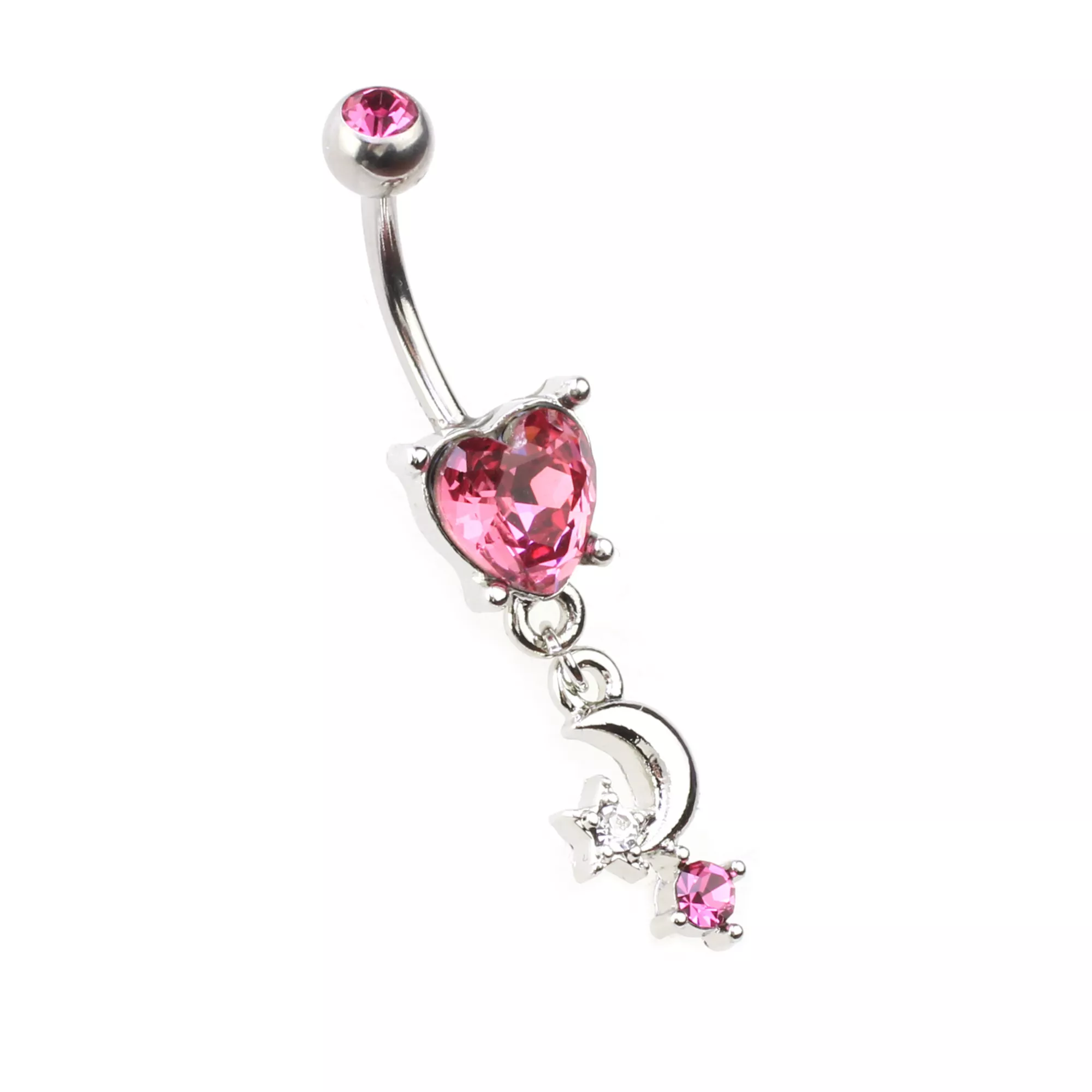 Pink CZ Heart Moon Dangle Belly Ring - 14 Gauge