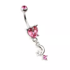 Pink CZ Heart Moon Dangle Belly Ring - 14 Gauge at Spencer's