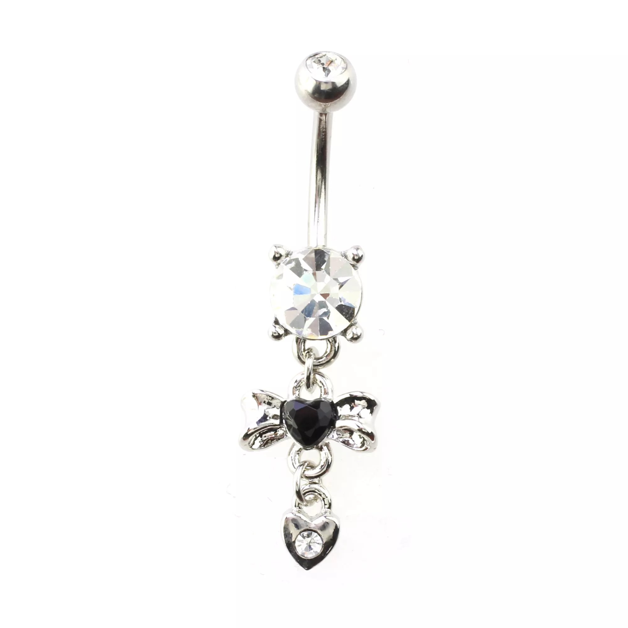 Clear and Black CZ Bow Heart Silver-Tone Dangle Belly Ring - 14 Gauge