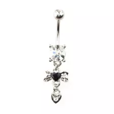 Clear and Black CZ Bow Heart Silver-Tone Dangle Belly Ring - 14 Gauge at Spencer's