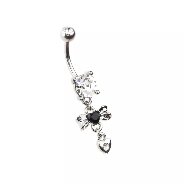 Clear and Black CZ Bow Heart Silver-Tone Dangle Belly Ring - 14 Gauge at Spencer's