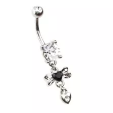 Clear and Black CZ Bow Heart Silver-Tone Dangle Belly Ring - 14 Gauge at Spencer's