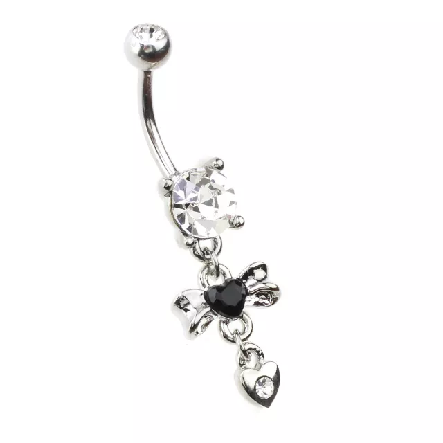 Clear and Black CZ Bow Heart Silver-Tone Dangle Belly Ring - 14 Gauge at Spencer's
