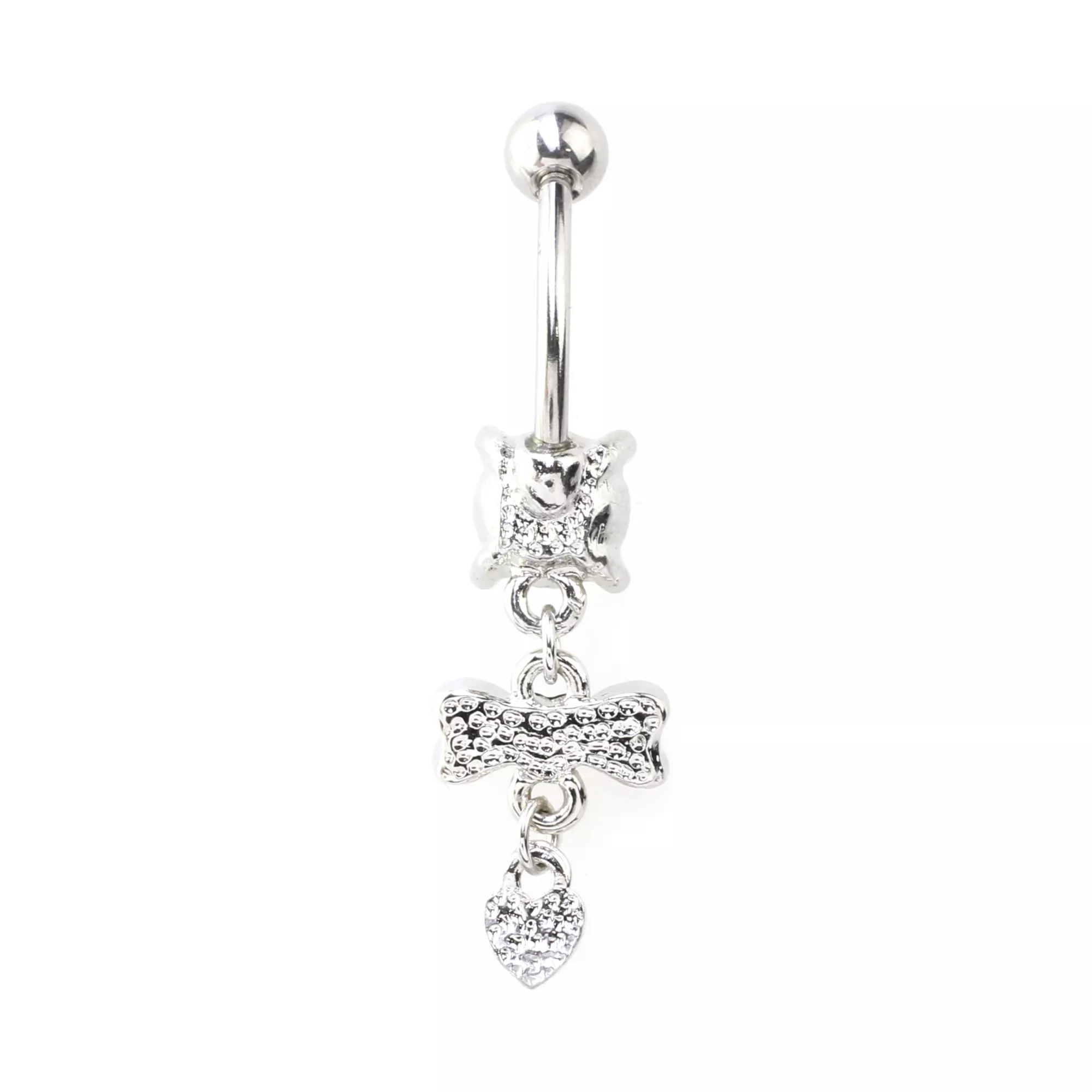 Clear and Black CZ Bow Heart Silver-Tone Dangle Belly Ring - 14 Gauge