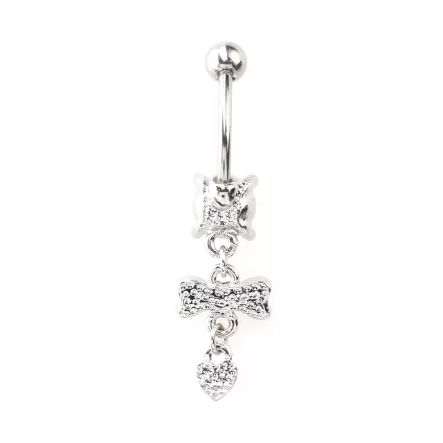 Clear and Black CZ Bow Heart Silver-Tone Dangle Belly Ring - 14 Gauge at Spencer's
