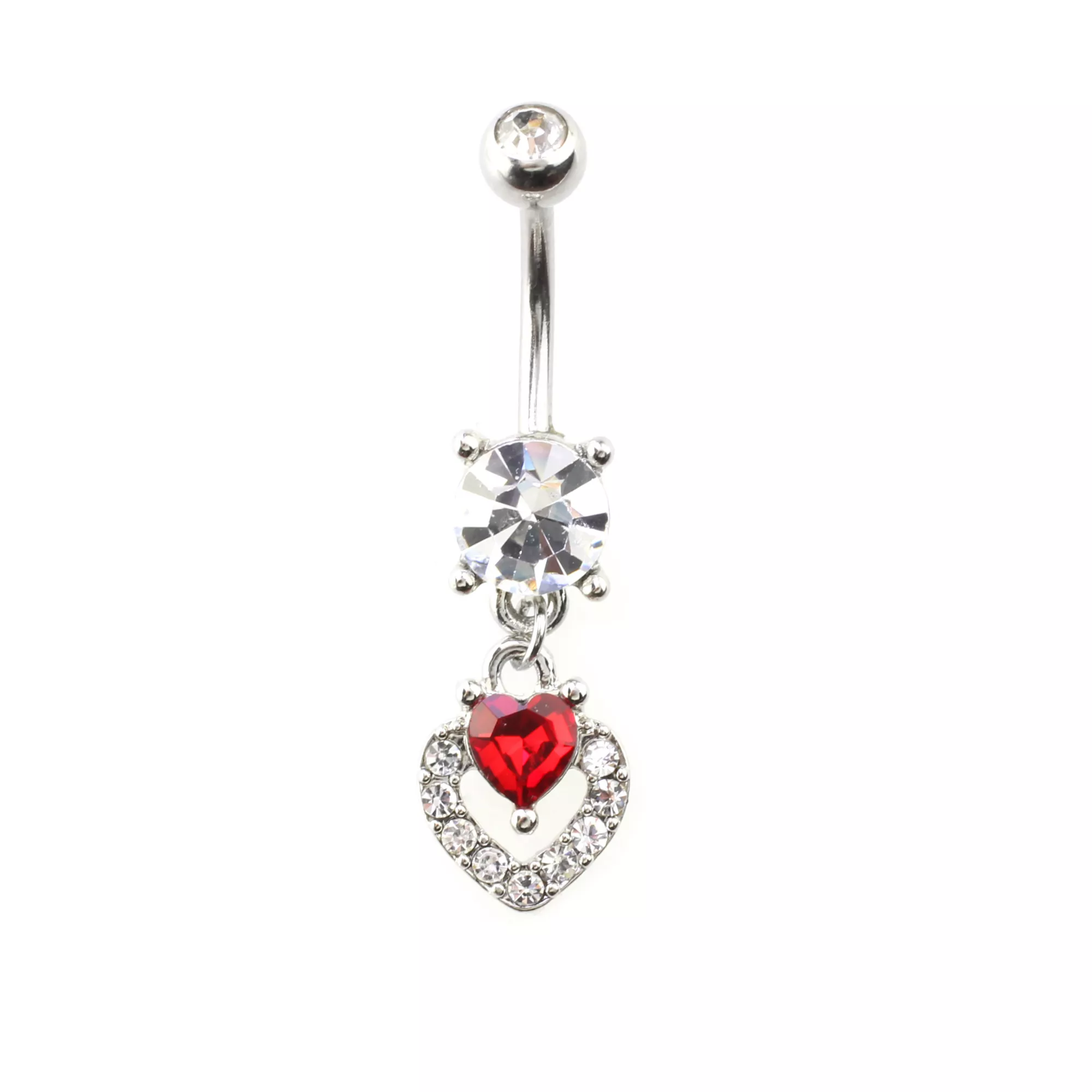 Clear and Red CZ Round Heart Silver-Tone Dangle Belly Ring - 14 Gauge