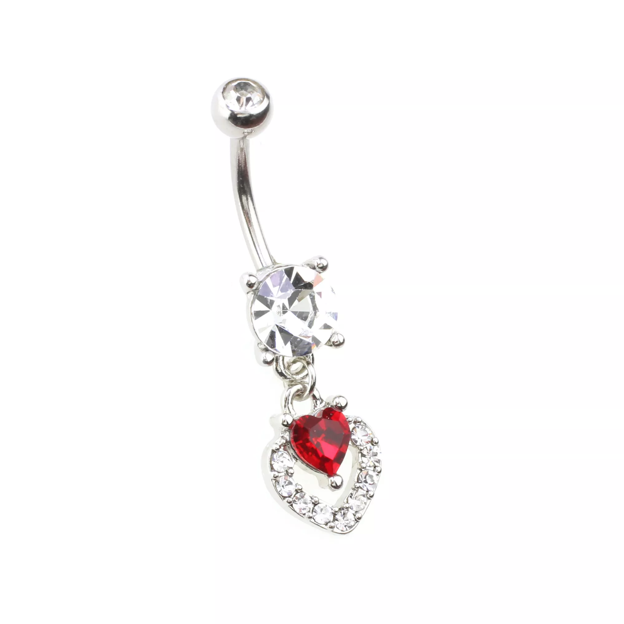 Clear and Red CZ Round Heart Silver-Tone Dangle Belly Ring - 14 Gauge